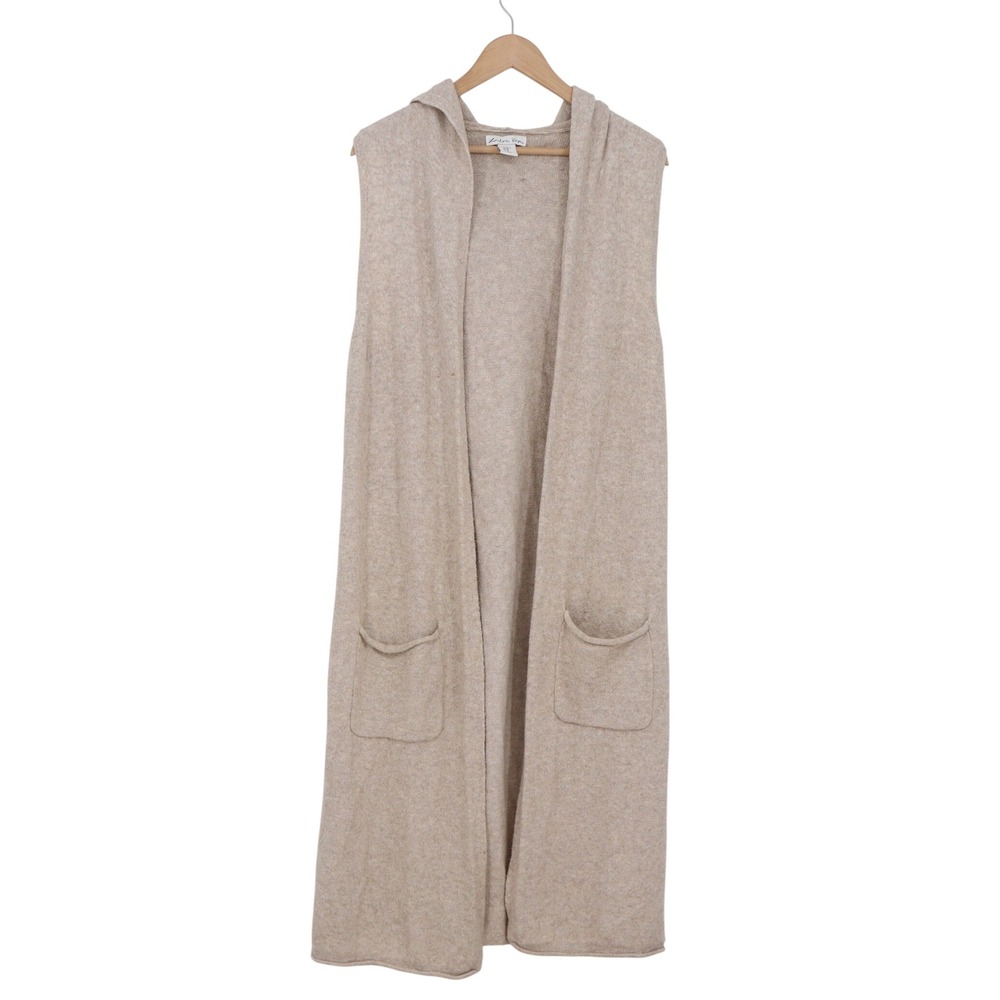 London Kaye Duster Womens M Sleeveless Hooded Cardigan Beige Knit Pockets